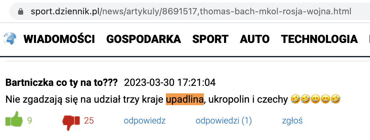Zrzut ekranu antyukraińskiego komentarza