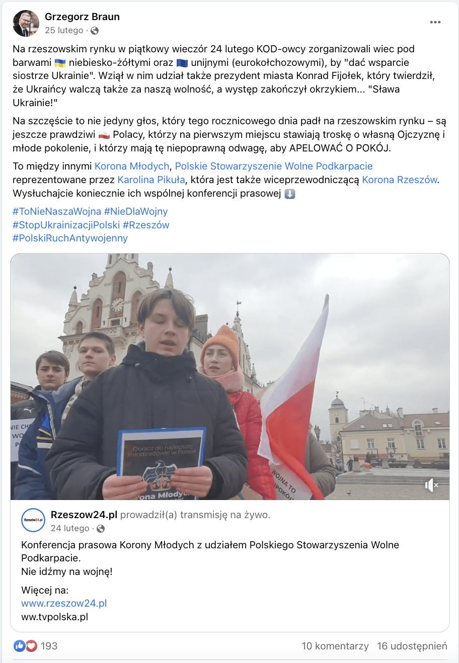 Zrzut ekranu z Facebooka