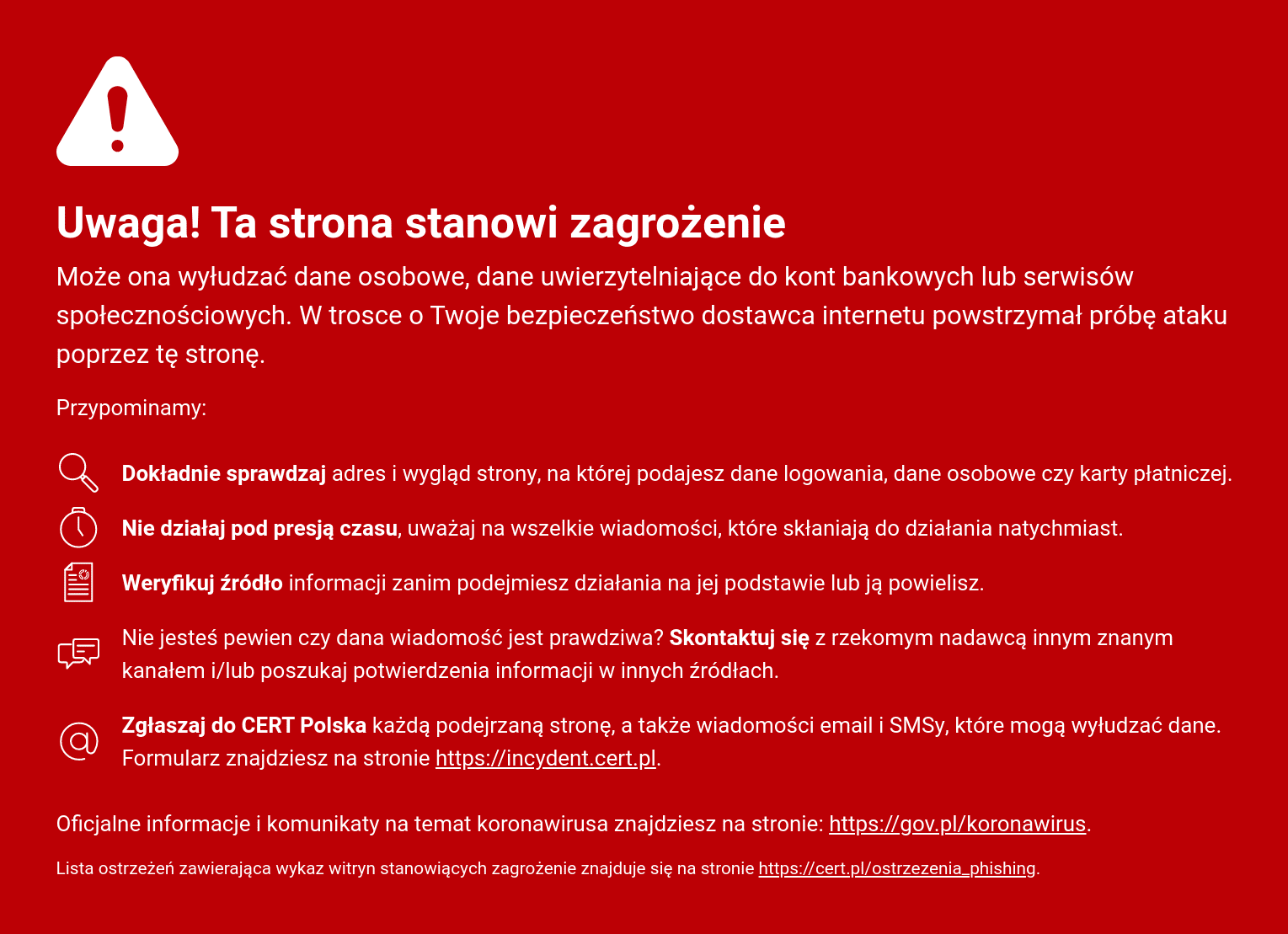 Zrzut ekranu przykładowego komunikatu o stronie stanowiącej zagrożenie, przygotowanego przez CERT.