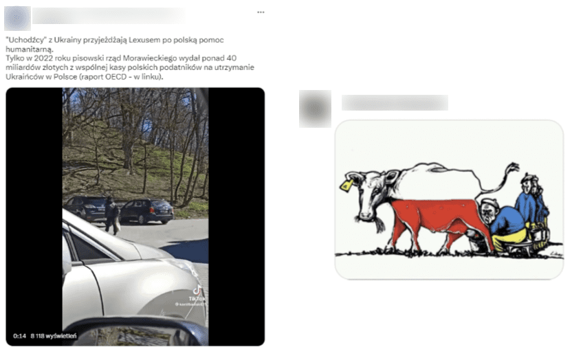 Wpis z Facebooka i z Twittera. Po lewej stronie nagranie z parkingu. Po prawej stronie obrazek z biało-czerwoną krową dojoną przez Ukraińców.