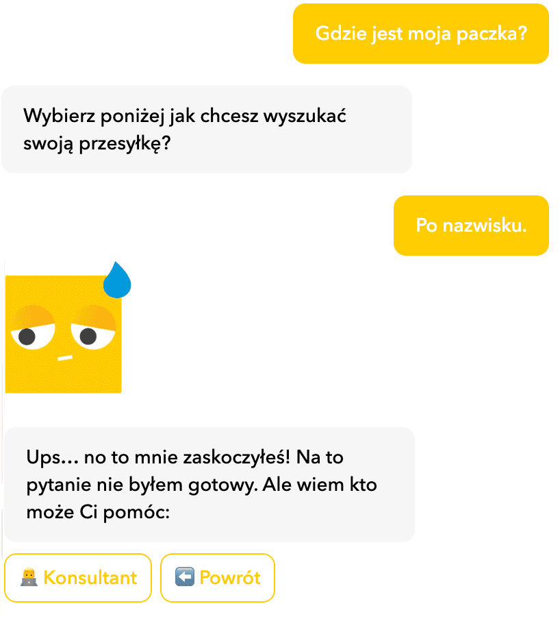 Zrzut ekranu z rozmowy z chatbotem opartym na skrypcie jednej z firm kurierskich.