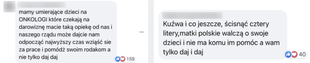 Dwa komentarze z Facebooka obok siebie