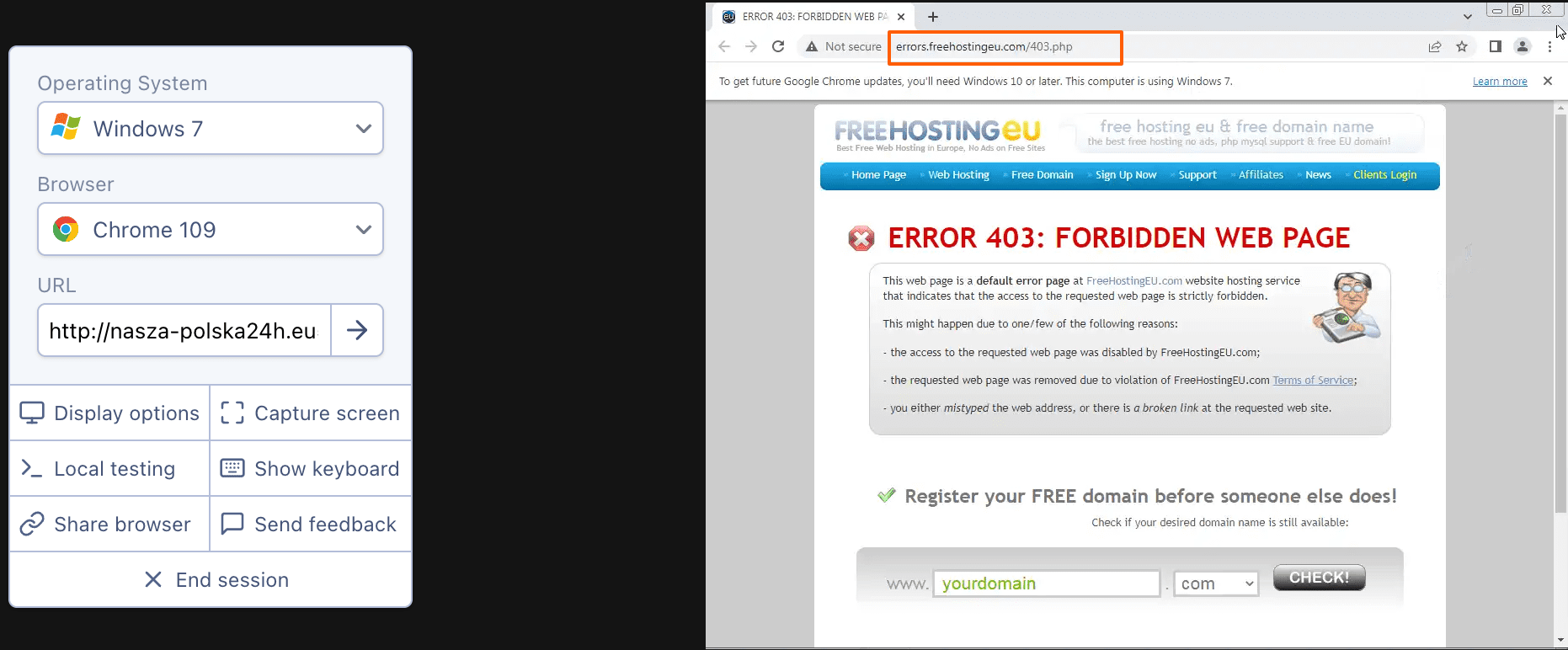 Zrzut ekranu strony browserling.com, w którym sprawdzamy stronę oszustów.
