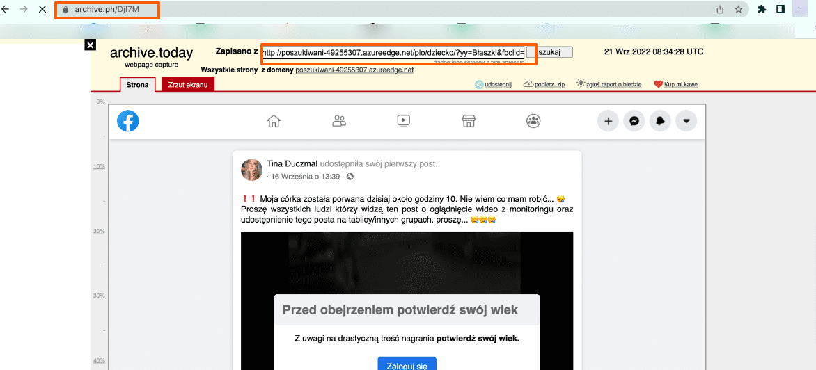Zrzut ekranu zarchiwizowanej wersji strony oszustów.