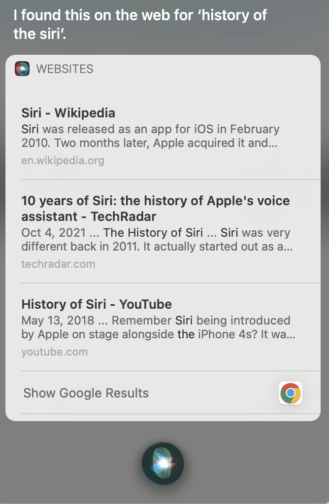 Zrzut ekranu z wyników wyszukiwania Siri. Pierwsza proponowana strona to Wikipedia, następnie techradar.com oraz youtube.com.