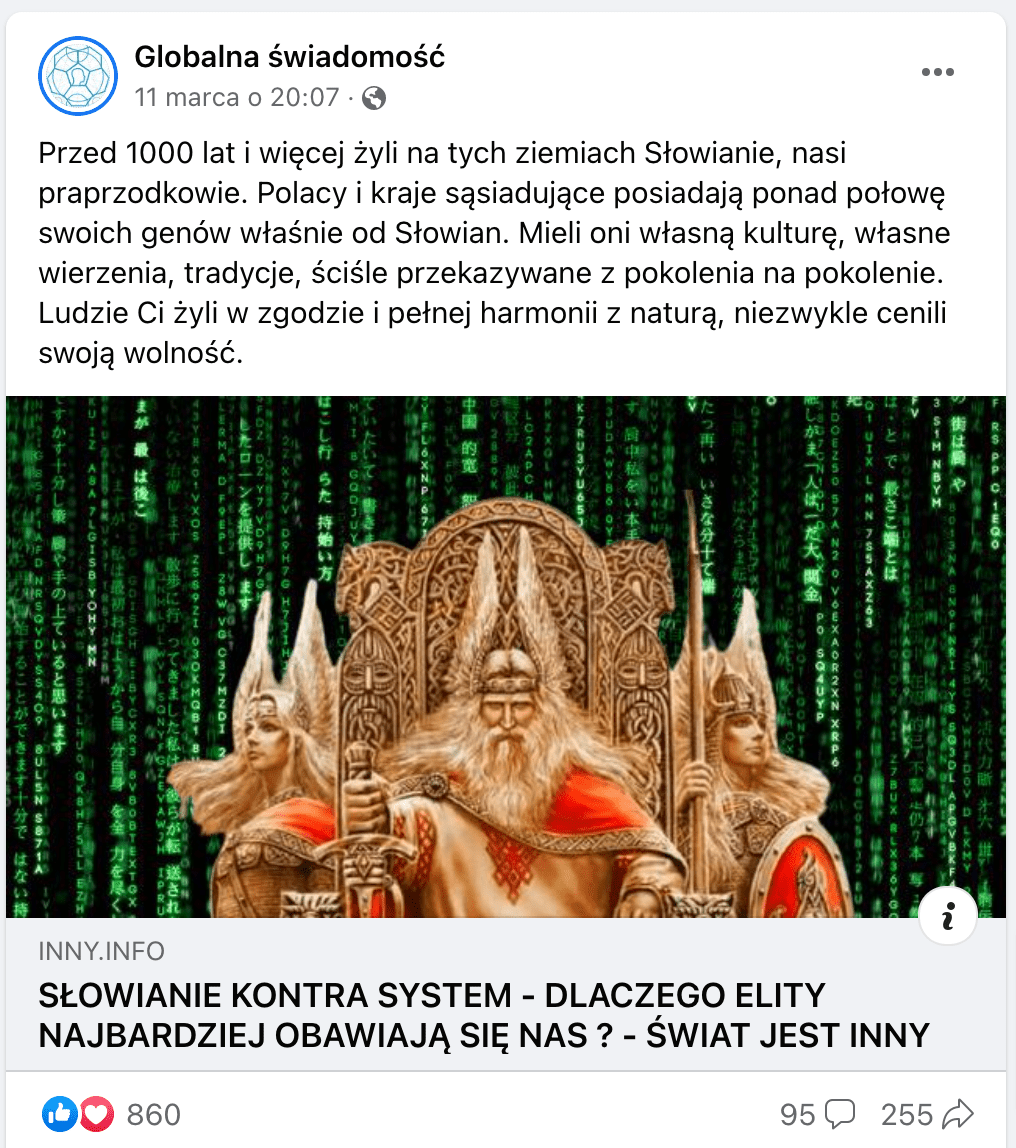 Zrzut ekranu posta na Facebooku udostępniającego artykuł. Zilustrowano go grafiką przedstawiającą starszego mężczyznę z brodą na tronie we wczesnośredniowiecznym stroju: zapinanej broszą pelerynie i wyszywanej koszuli. W ręku trzyma miecz na głowie ma koronę ze skrzydłami. Po obu stronach tronu stoją kobiety w podobnym stroju. Jedna trzyma włócznię i tarczę. Tło nawiązuje to filmu „Matriks”: to czarna plansza z linijkami ciemnozielonych liter i cyfr.