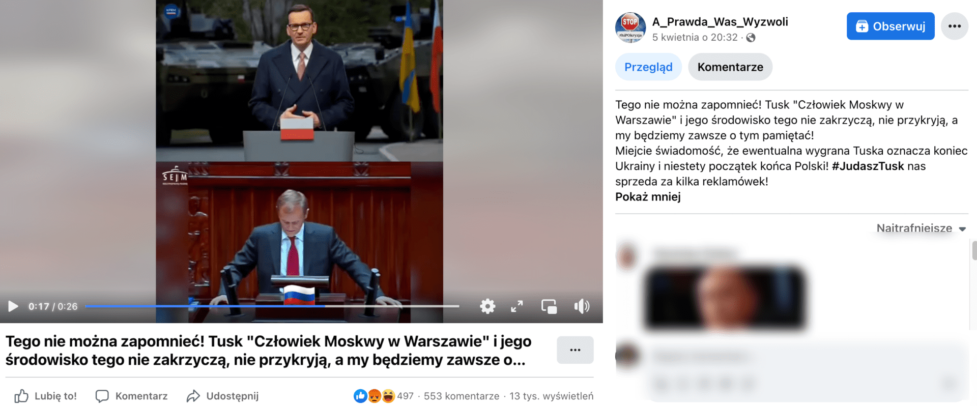 Zrzut ekranu posta, w którym zamieszczono omawiane nagranie. Widoczny jest Mateusz Morawiecki z flagą Polski i Donald Tusk z flagą Rosji.