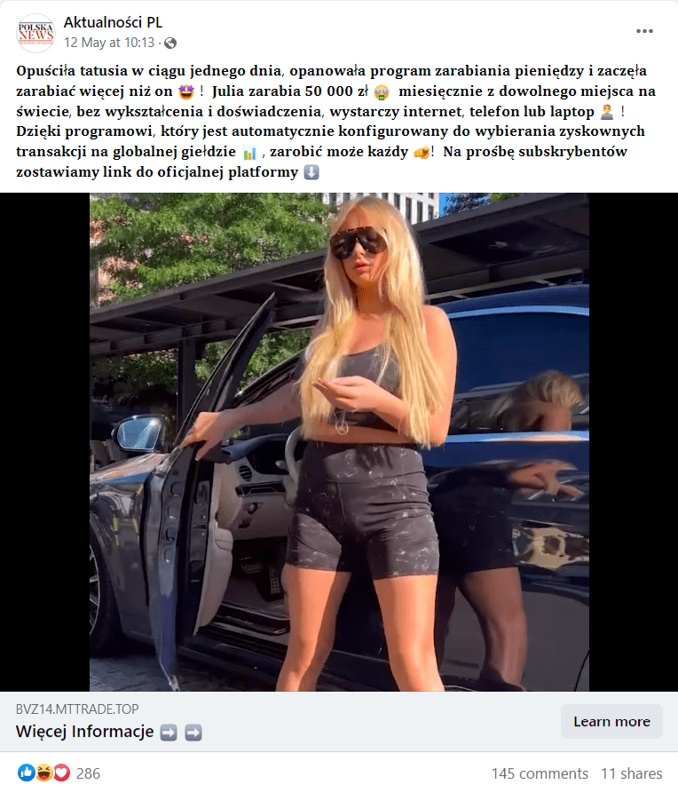 Zrzut ekranu z posta na Facebooku. Na nagraniu Julia Nowakowska, która udziela wywiadu. Następnie pojawiają się przebitki z życia influencerki. W opisie posta zawarto informacje, że kobieta zarabia 50 tysięcy złotych miesięcznie, korzystając z programu do inwestowania na giełdzie. 