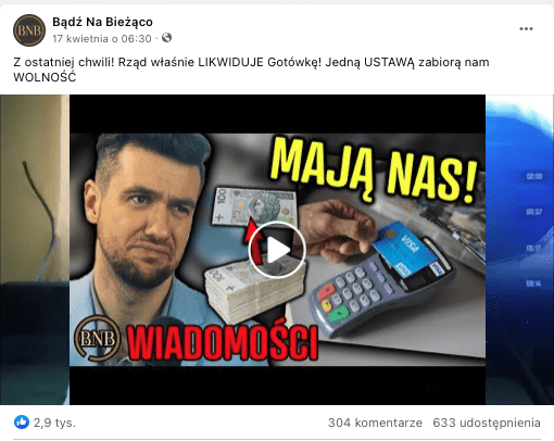 Okładka nagrania udostępnionego na Facebooku. Na grafice widać prowadzącego mężczyznę po lewej stronie ekranu, pośrodku plik polskich banknotów, a po prawej terminal płatniczy, do którego ktoś przykłada kartę kredytową. W oczy rzuca się duży żółty napis “Mają nas!”.