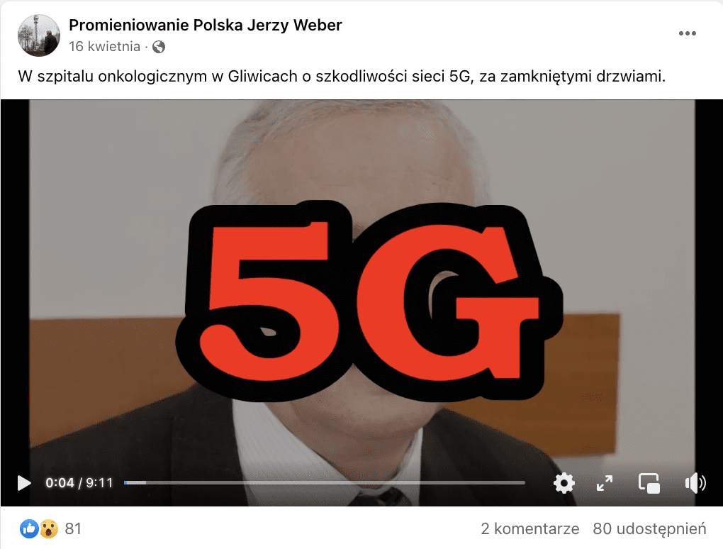 Zrzut ekranu z Facebooka. Na zdjęciu widzimy mężczyznę w marynarce. Jego twarz przykrywa duży czerwony napis „5G”. Post zdobył 81 polubień, dwa komentarze i 80 udostępnień.