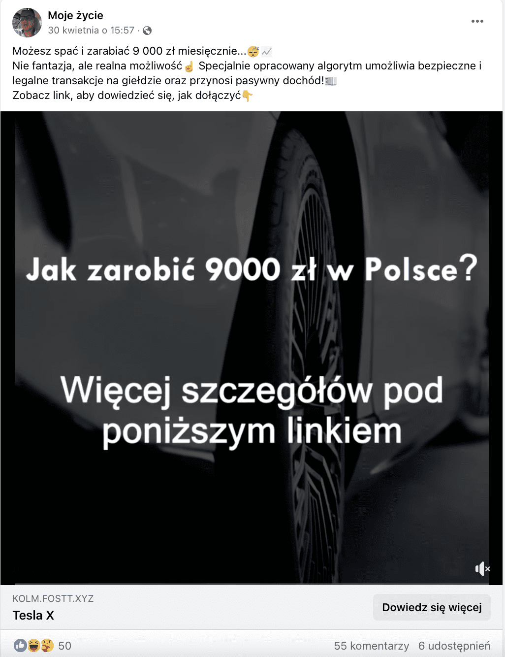 Zrzut ekranu z Facebooka. Do posta dołączono grafikę, na której czytamy: “Jak zarobić 9000 zł? Więcej szczegółów pod poniższym linkiem”.