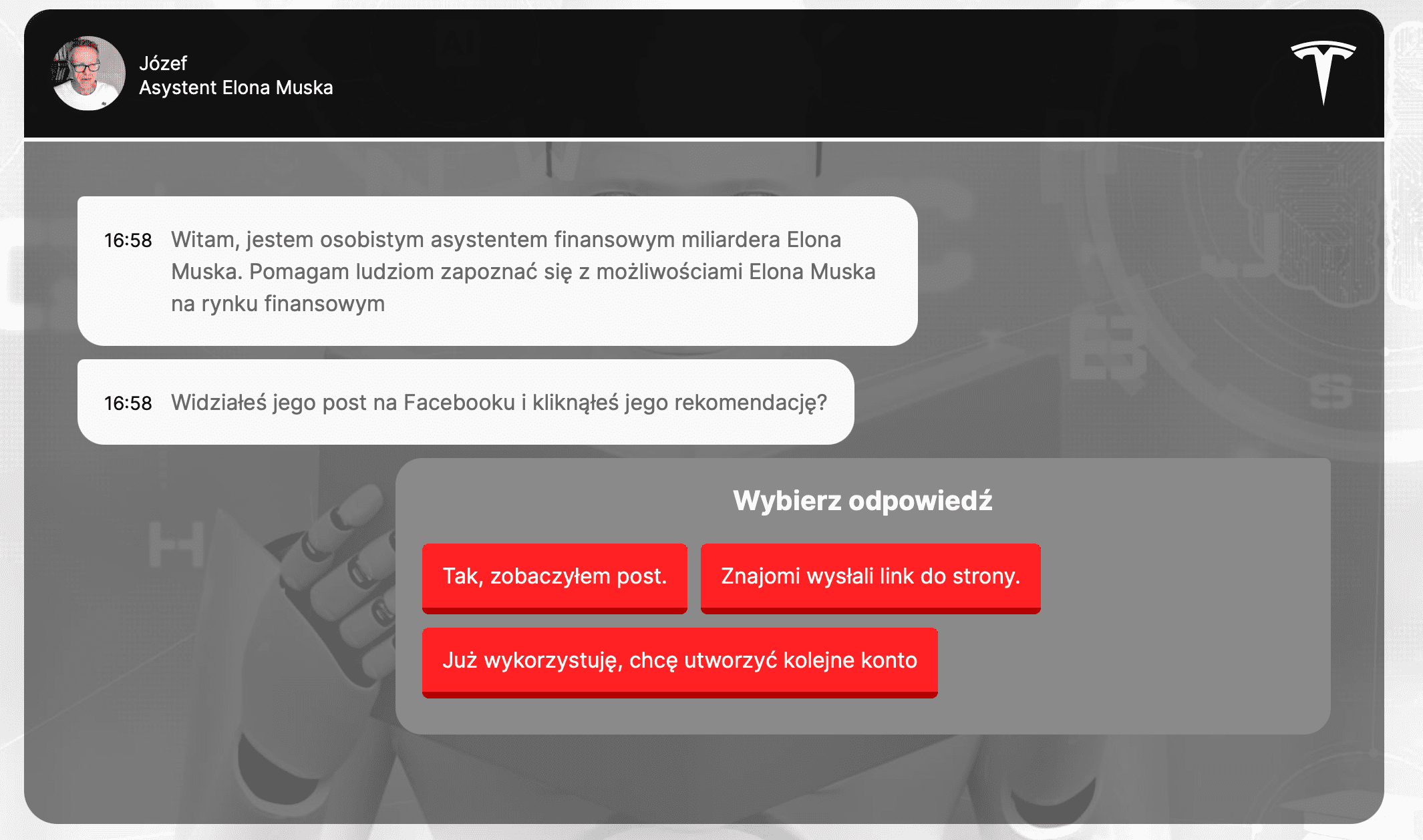 Zrzut ekranu chatbota, który przedstawia się jako wirtualny asystent Elona Muska.