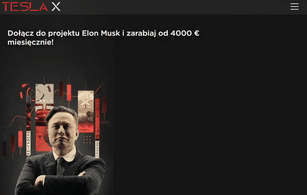Zrzut ekranu ze strony oszustów. Widoczny jest Elon Musk oraz napis o treści: „Dołącz do projektu Elon Musk i zarabiaj do 4000 € miesięcznie!”.