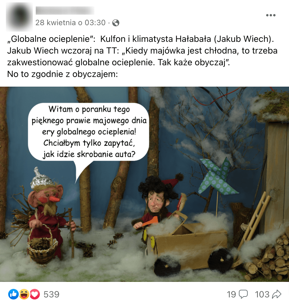 Zrzut ekranu omawianego posta na Facebooku. Widoczne są postacie z masy przypominającej plastelinę na tle zimy przygotowanej w waty.