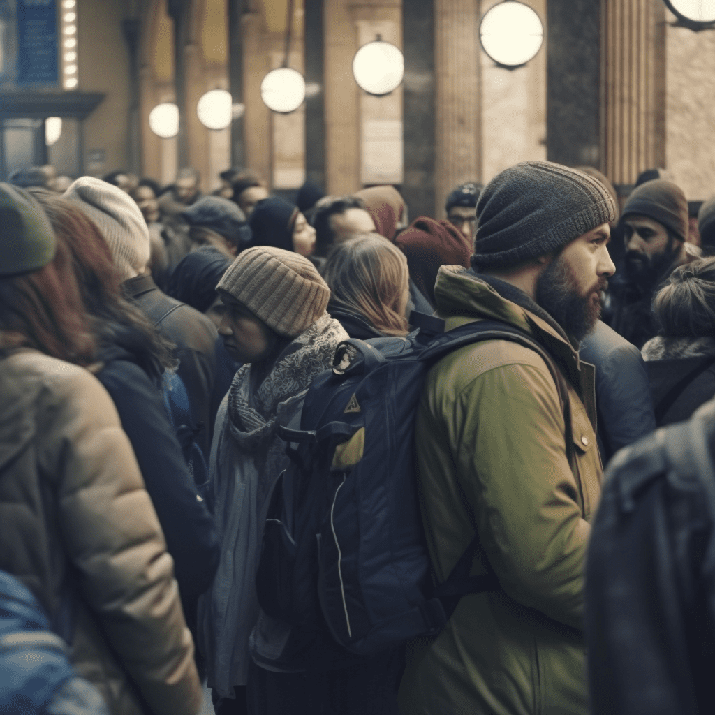 Tłum na dworcu – wygenerowane przez Midjourney.