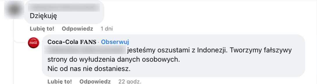 Zrzut ekranu odpowiedzi na komentarz o treści: „jesteśmy oszustami z Indonezji. Tworzymy fałszywy strony do wyłudzenia danych osobowych. Nic od nas nie dostaniesz”.