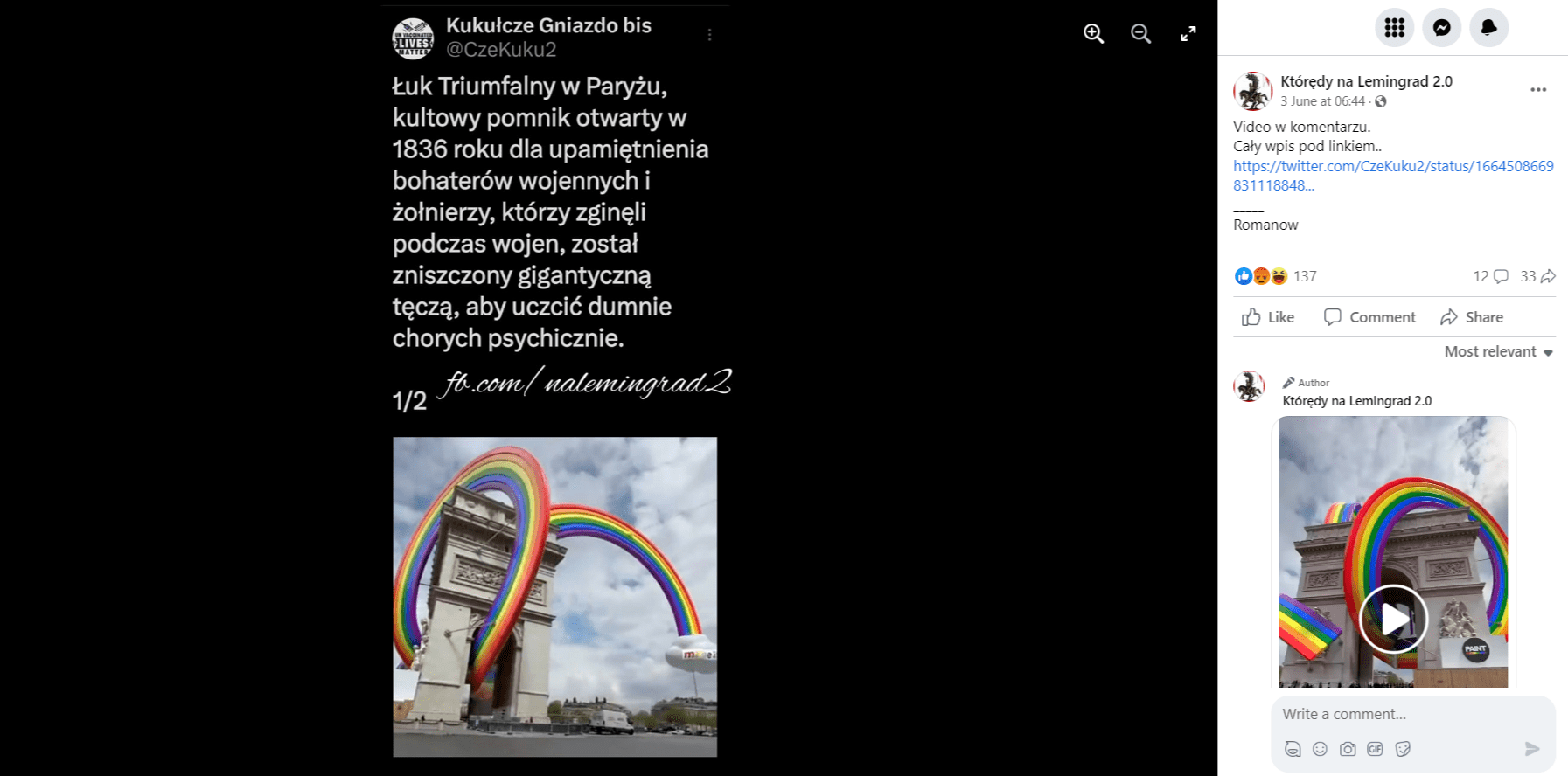 Zrzut ekranu z posta na Facebooku. Nagranie przedstawiające Łuk Triumfalny opleciony tęczową flagą oraz informacja, że został on w ten sposób zdewastowany. 