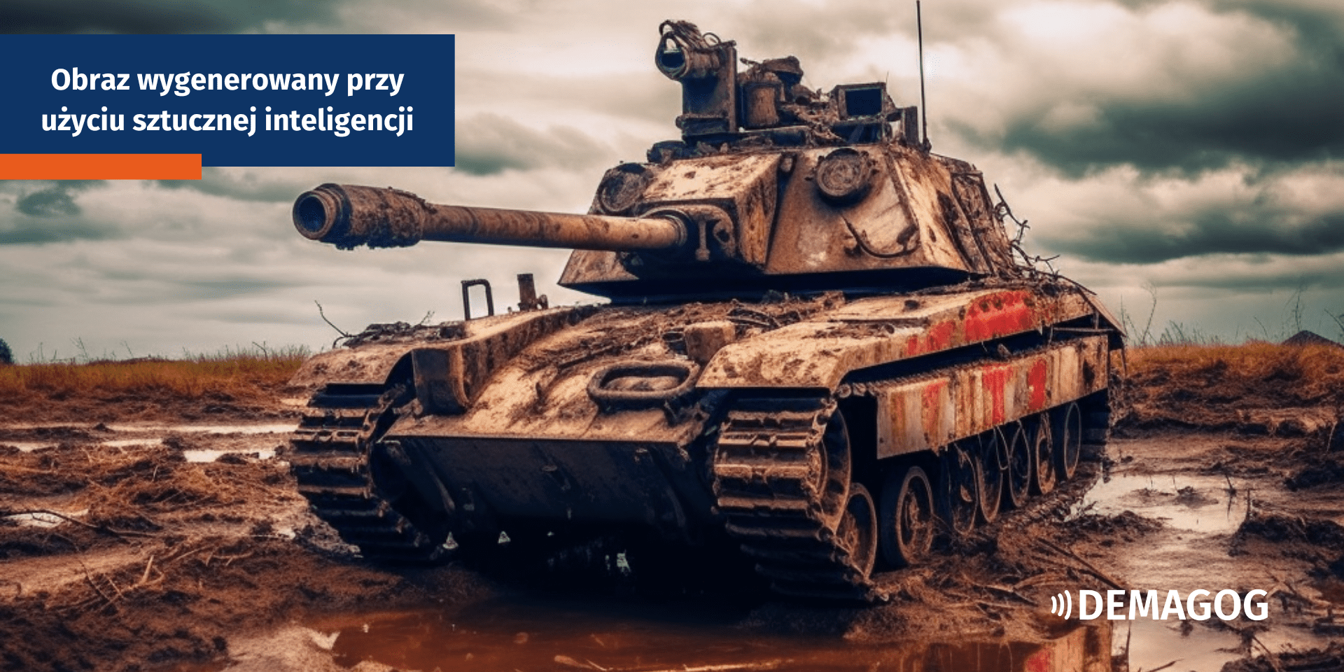 Wygenerowany przez AI obraz z czołgiem na rozmokłej ziemi z polami w tle.