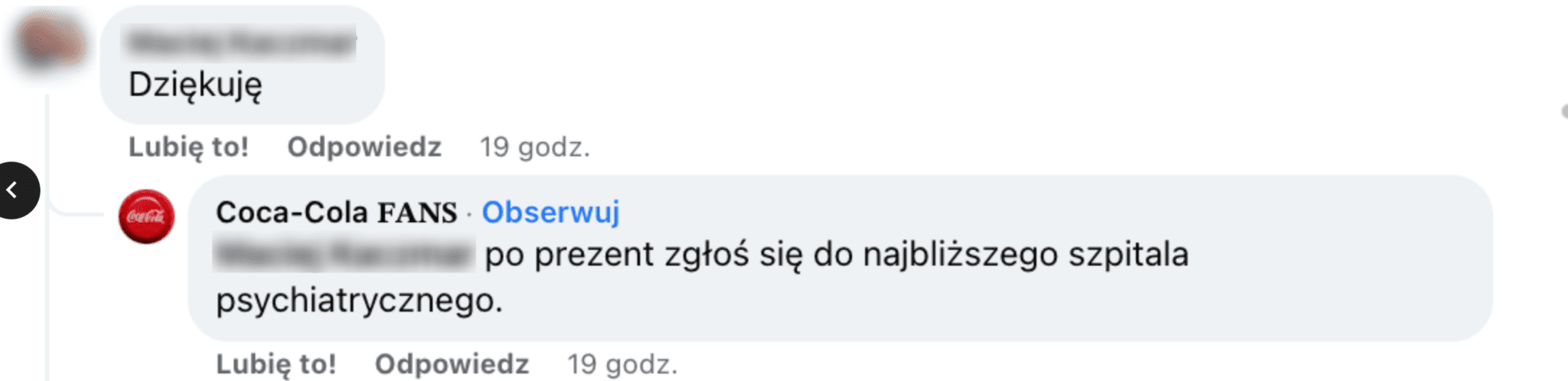 Zrzut ekranu odpowiedzi na komentarz o treści: „po prezent zgłoś się do najbliższego szpitala psychiatrycznego”.