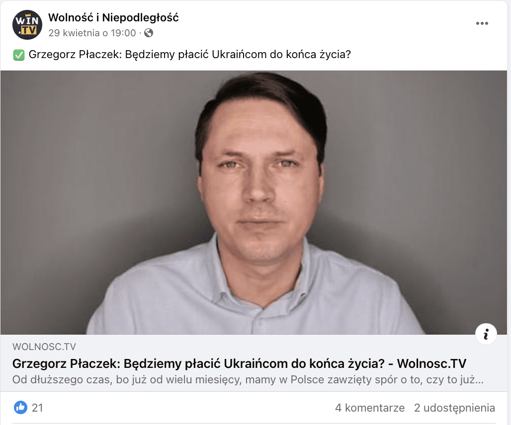 Zrzut ekranu z Facebooka. Na zdjęciu przykład antyukraińskiej propagandy.
