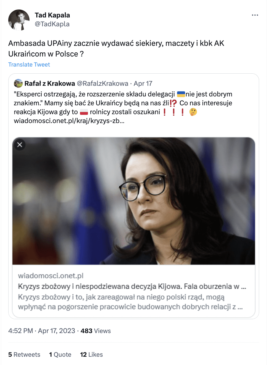 Zrzut ekranu z Twittera. Na zdjęciu przykład antyukraińskiej propagandy. 