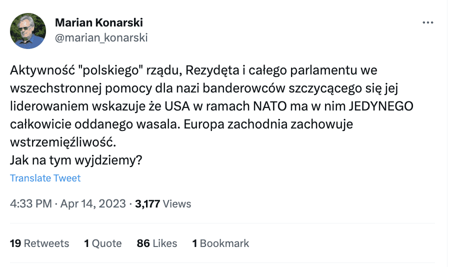 Zrzut ekranu z Twittera. Na zdjęciu przykład antyukraińskiej propagandy. 