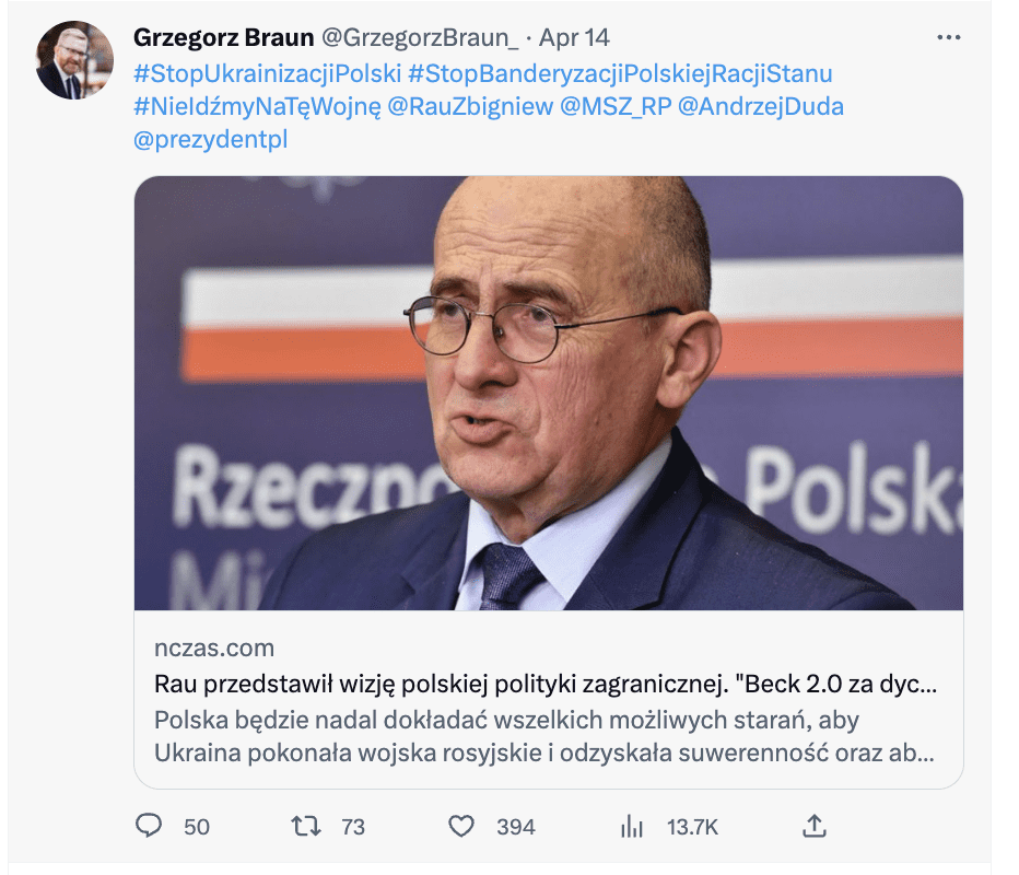 Zrzut ekranu z Twittera. Na zdjęciu przykład antyukraińskiej propagandy.