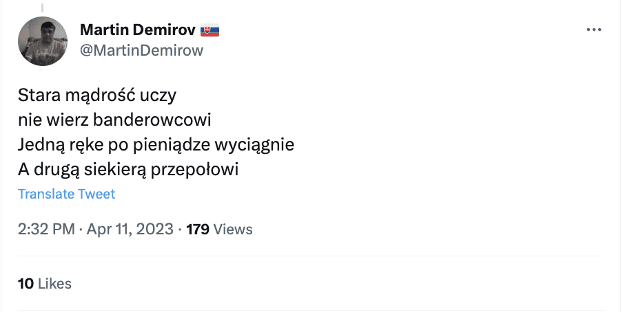Zrzut ekranu z Twittera. Na zdjęciu przykład antyukraińskiej propagandy.