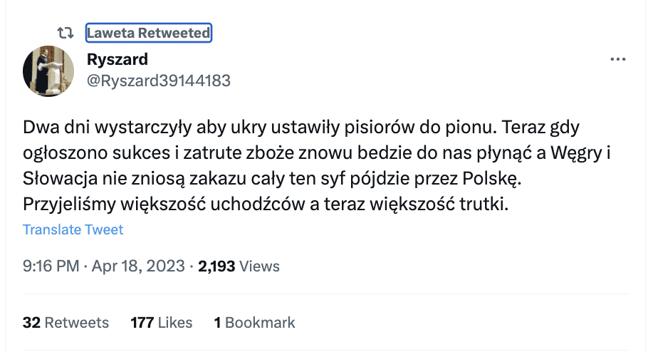 Zrzut ekranu z Twittera. Na zdjęciu przykład antyukraińskiej propagandy.