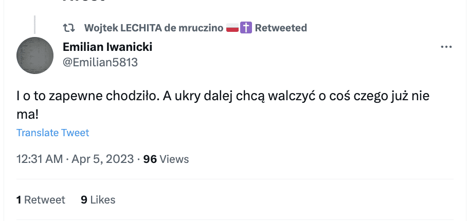 Zrzut ekranu z Twittera. Na zdjęciu przykład antyukraińskiej propagandy.