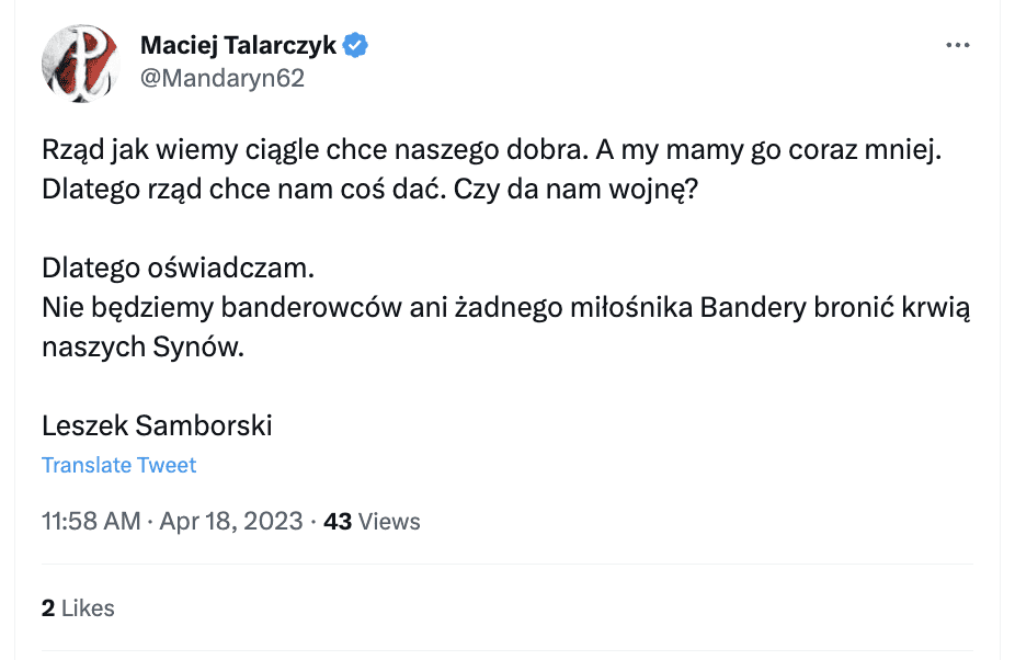 Zrzut ekranu z Twittera. Na zdjęciu przykład antyukraińskiej propagandy.