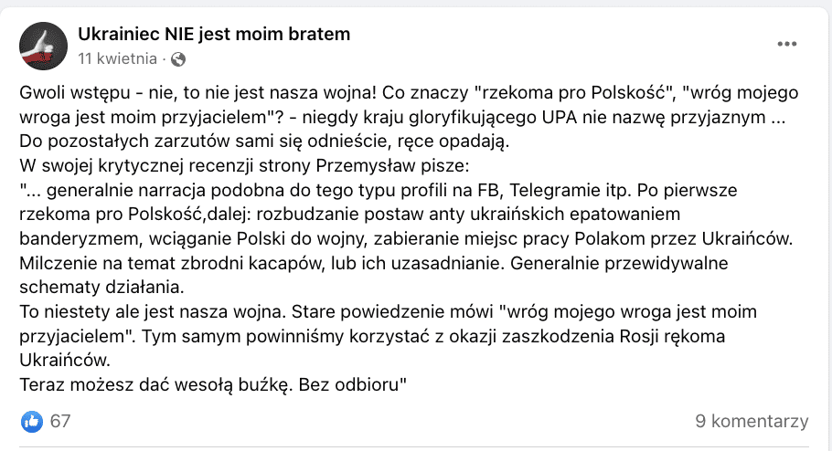 Zrzut ekranu z Facebooka. Na zdjęciu przykład antyukraińskiej propagandy.