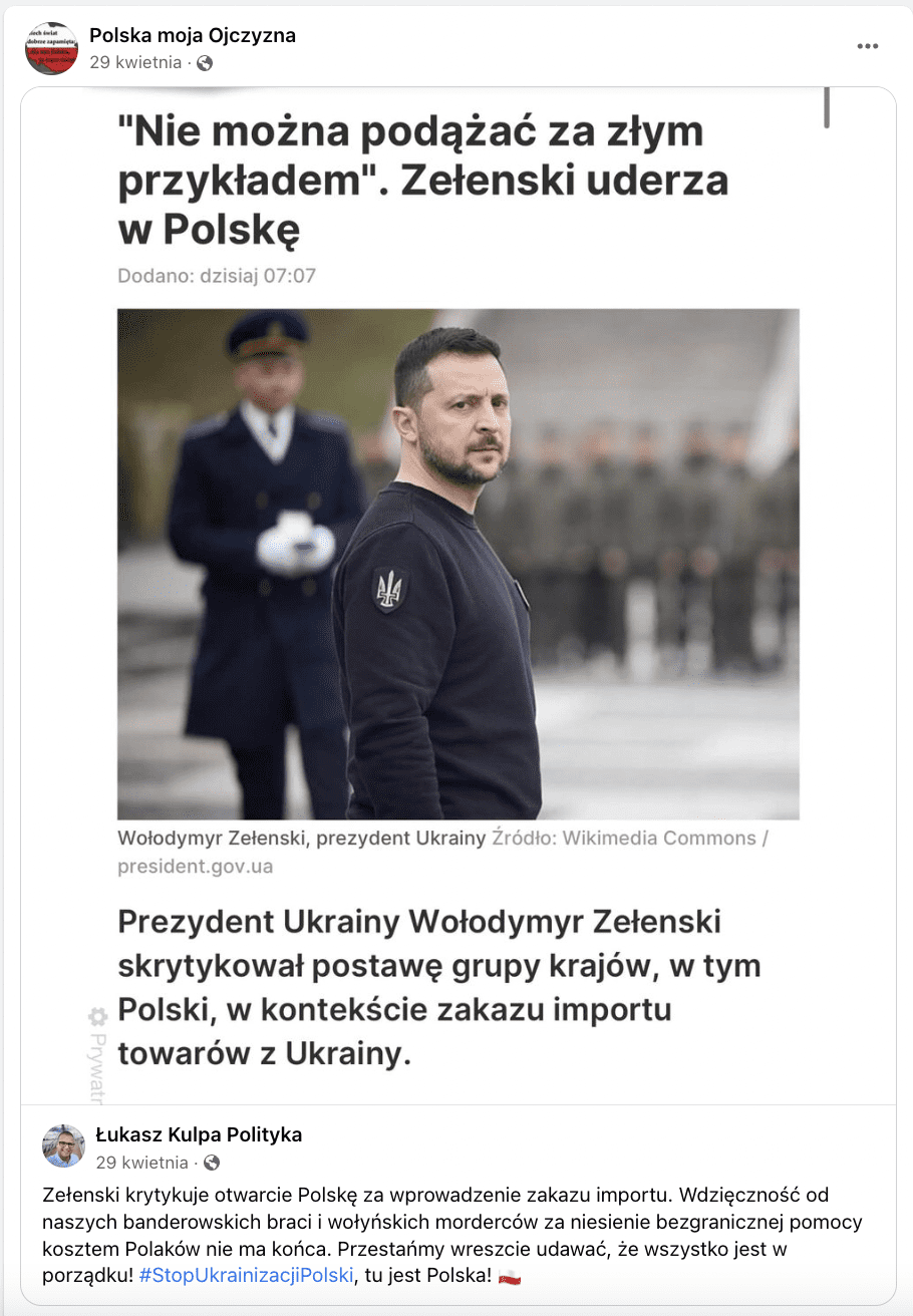 Zrzut ekranu z Facebooka. Na zdjęciu przykład antyukraińskiej propagandy.