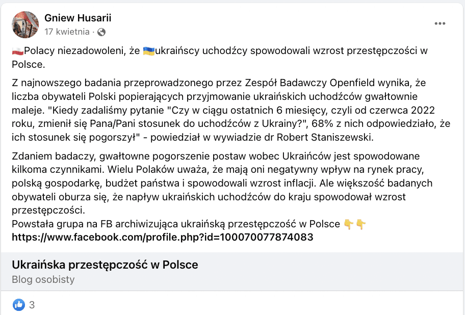 Zrzut ekranu z Facebooka. Na zdjęciu przykład antyukraińskiej propagandy.