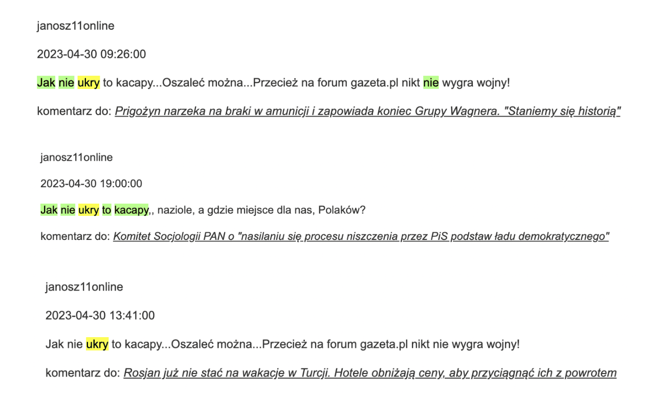 Przykład antyukraińskich wpisów w komentarzach