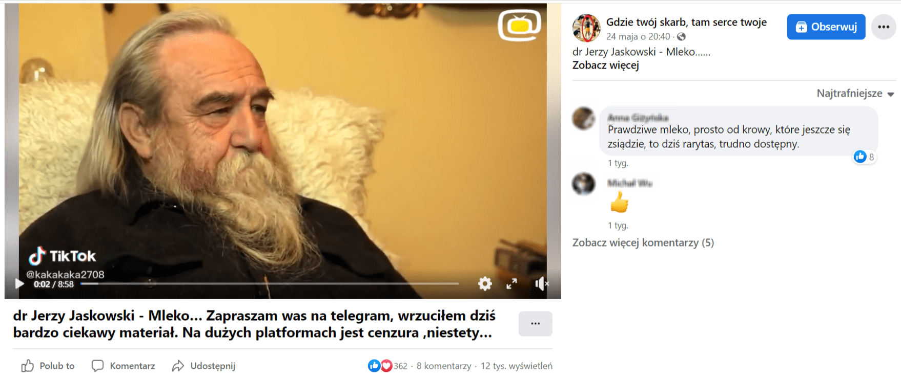 Zrzut ekranu z nagrania opublikowanego na profilu Gdzie twój skarb, tam serce twoje. Liczba wyświetleń: 12 tys., liczba reakcji: 363, liczba komentarzy: 8