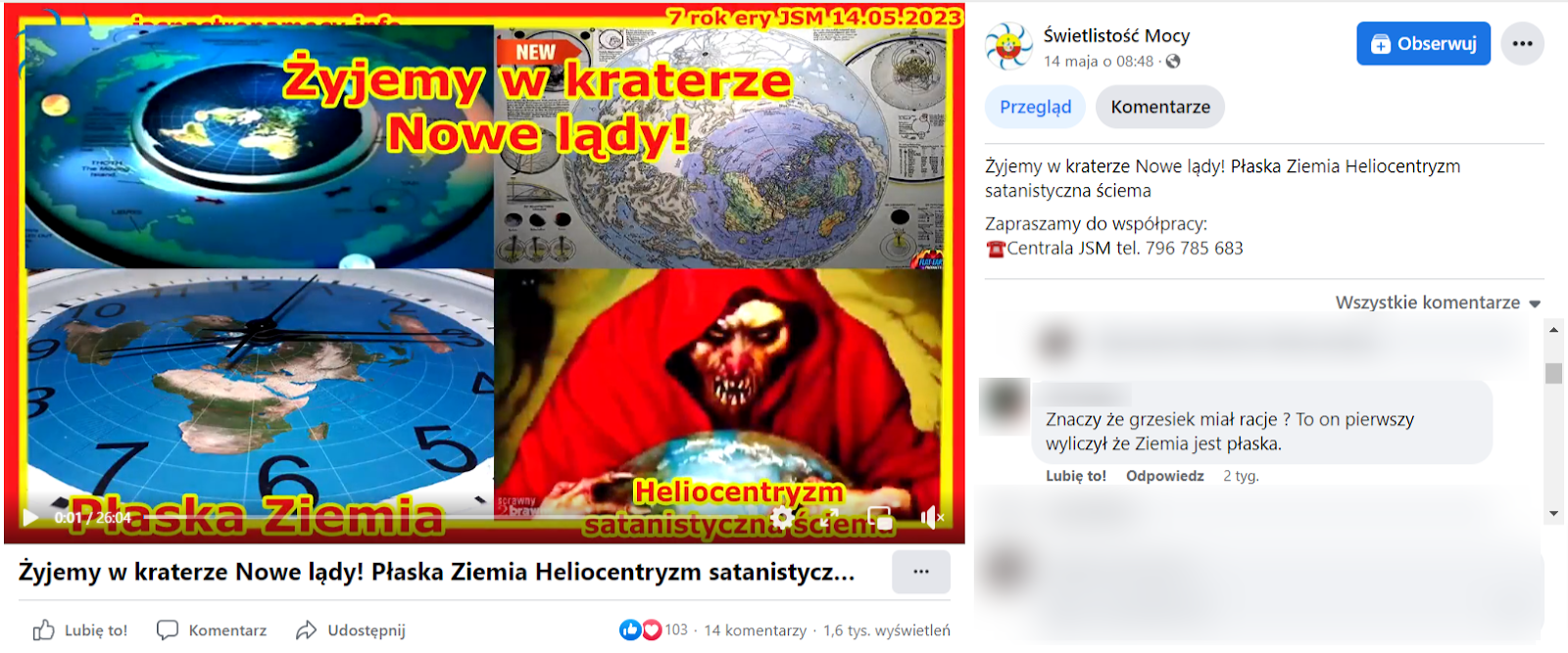 Zrzut ekranu wpisu na Facebooku, do którego dołączono film na temat płaskiej Ziemi. Na grafice okładkowej filmu widać różne mapy, które miałyby przedstawiać płaski kształt planety oraz postać z krwią na ostrych zębach w czerwonym płaszczu, która trzyma Ziemię w dłoniach.