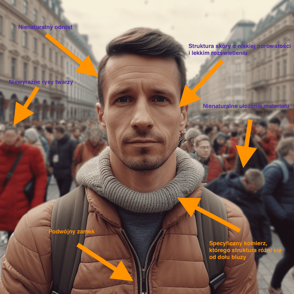 Weryfikacja obrazu wygenerowanego w Midjourney. Na obrazie widać mężczyznę na tle tłumu w mieście.
