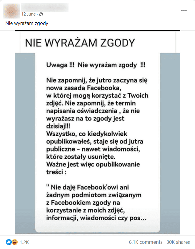 Zrzut ekranu z posta na Facebooku. Na grafice widnieje informacja o rzekomych nowych zasadach Facebooka, dzięki którym będzie on mógł dowolnie wykorzystywać nasze zdjęcia, wiadomości i informacje. 