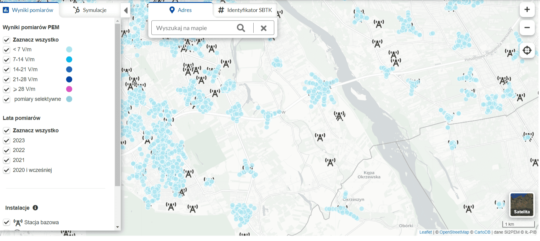 Zrzut ekranu ze strony si2pem.gov.pl z mapą dot. wyników pomiarów PEM w Wilanowie na terenie Warszawy. Zgodnie z odczytem wartości nie przekraczają 7 V/m, co jest dopuszczalnym zakresem.