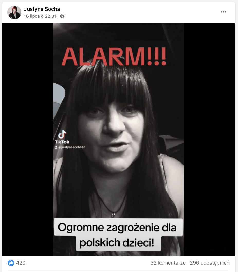Zrzut ekranu z Facebooka. Na zdjęciu widzimy kobietę siedzącą w samochodzie. Post polubiło 420 internautów. Dodatkowo uzyskał 32 komentarze i 296 udostępnień.