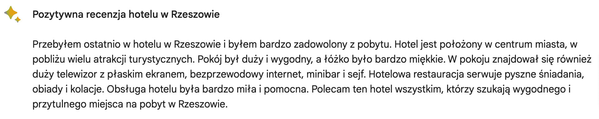 Zrzut ekranu recenzji hotelu w Rzeszowie z widokiem na morze wygenerowanej przez chatbota Bard.