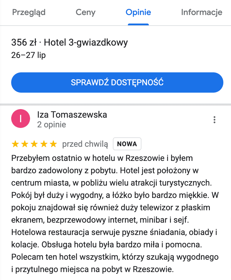 Zrzut ekranu opinii wygenerowanej przez sztuczną inteligencję, na potrzeby tej analizy opublikowanej w Google.