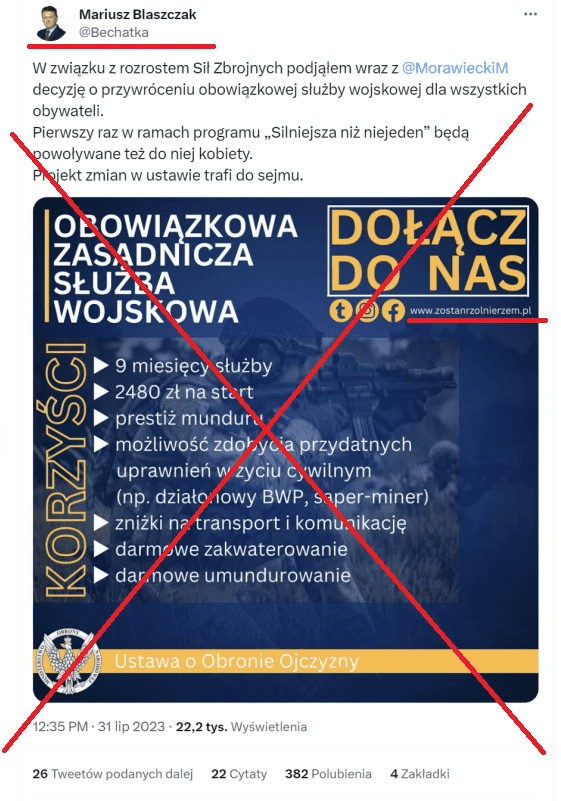 wpis na Twitterze informujący o zasadniczej służbie wojskowej, przekreślony jako fałszywa informacja