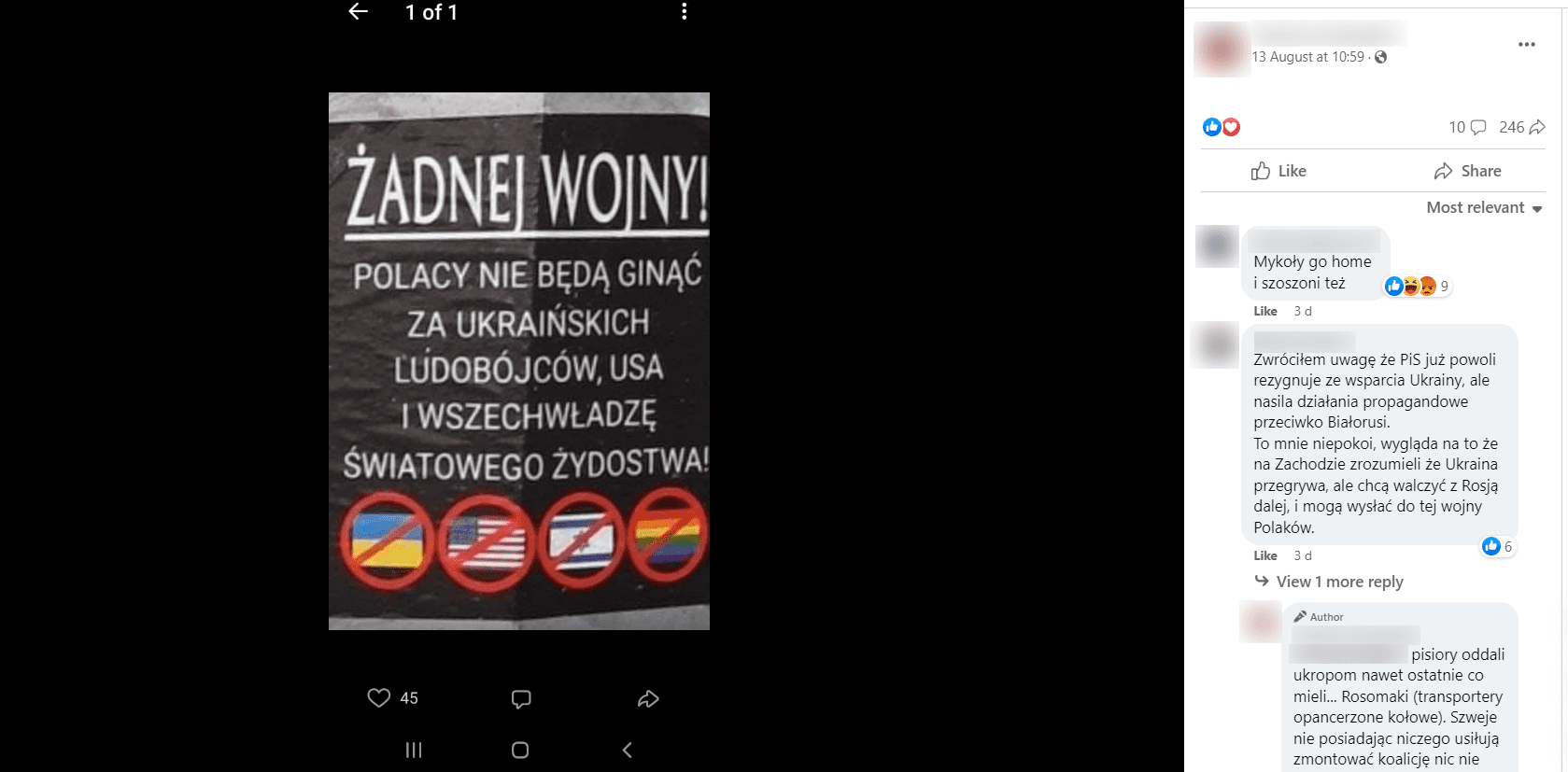 Zrzut ekranu z posta na Facebooku. Na grafice napis „Żadnej wojny! Polacy nie będą ginąć za ukraińskich ludobójców, USA i wszechwładzę żydostwa!” oraz przekreślone flagi Ukrainy, USA, Izraela i symbol społeczności LGBT+.