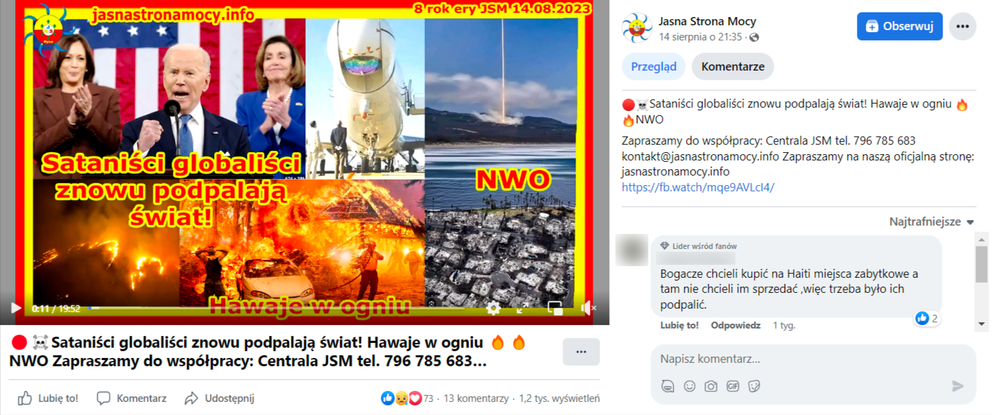Zrzut ekranu z posta na Facebooku. W filmie znajduje się informacja, że sataniści podpalają świat oraz kolaż ze zdjęciami prezydenta Stanów Zjednoczonych Joe Bidena, pożarów i grafik przedstawiających lasery. 