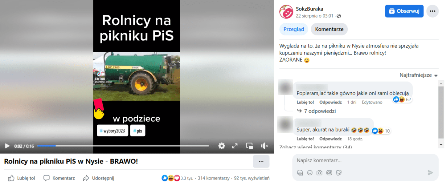 Zrzut ekranu z posta na Facebooku. W filmie informacja, że zdarzenie miało miejsce w Nysie podczas pikniku promującego program Rodzina 800 Plus.