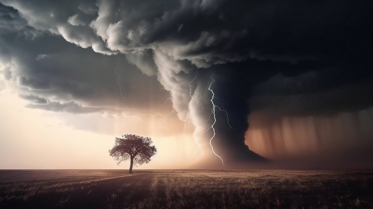 Wielkie tornado zbliżające się do stojącego na środku pola drzewa.