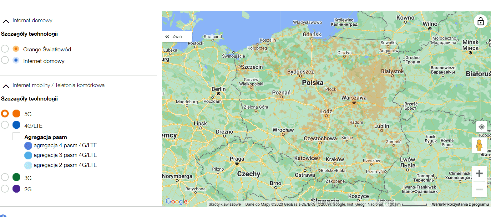 mapa przedstawiająca zasięg internetu 5G w sieci Orange