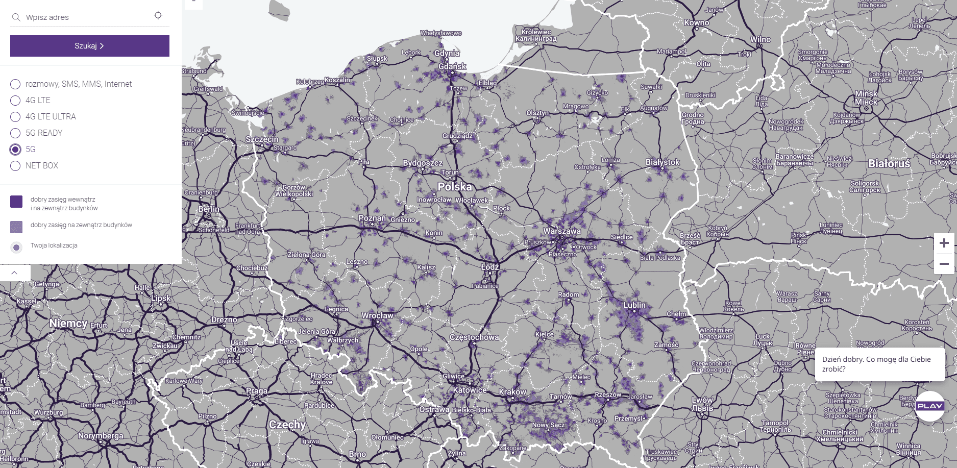 mapa przedstawiająca zasięg internetu 5G w sieci Play